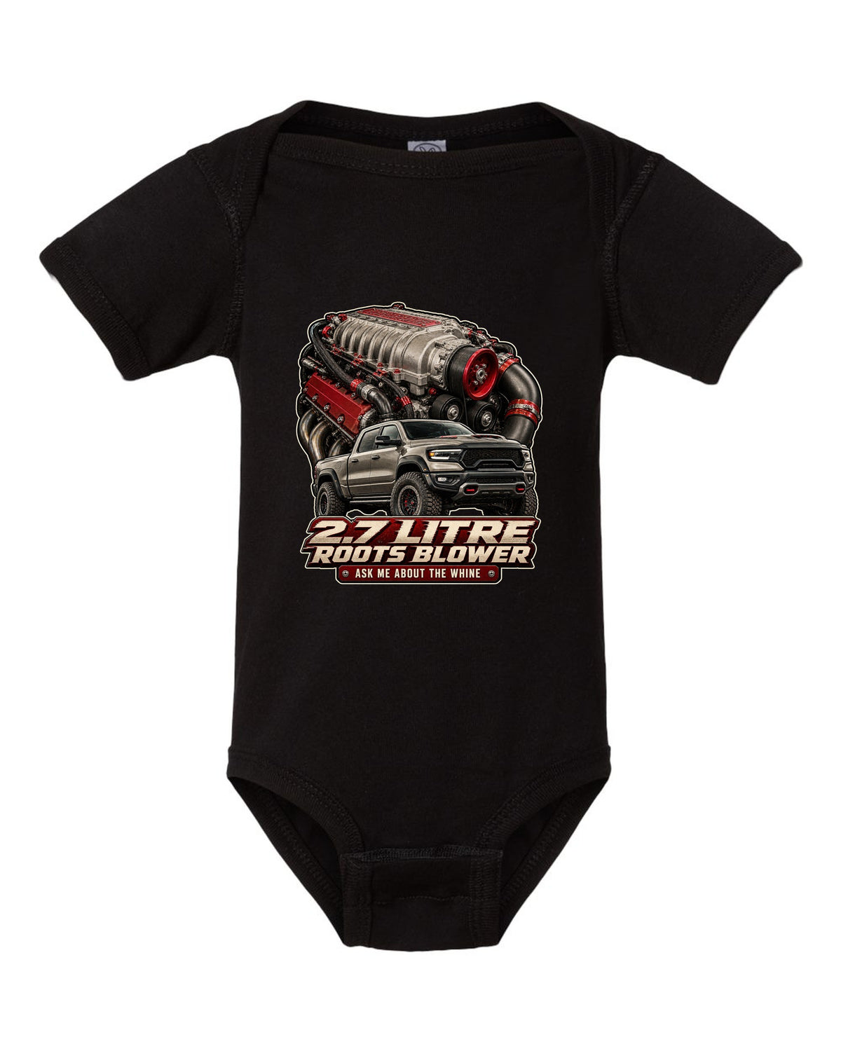 Ram 1500 TRX 2.7 litre Roots supercharger engine poster print black baby onesie front view with the design