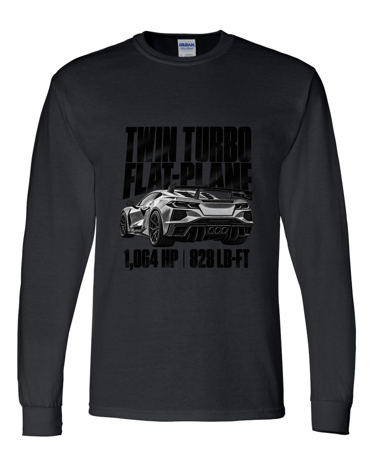 Corvette C8 ZR1 2025 hood vents and rear wing in halftone black long sleeve front view with the design