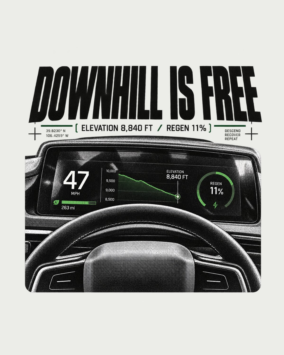 R1T Downhill Readout Shirt, Rivian 2022 Regen Gauge Tee design only