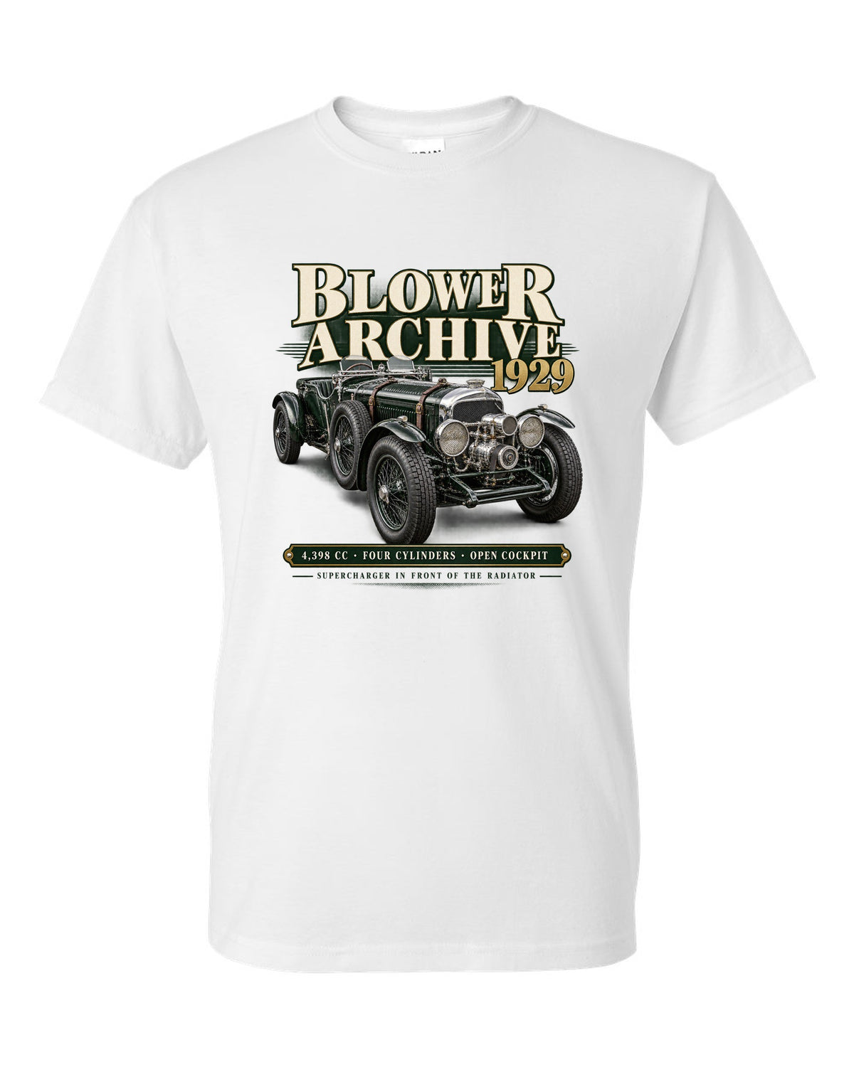 Bentley Blower 1929 archive panel with supercharger detail white t-shirt front view with the design
