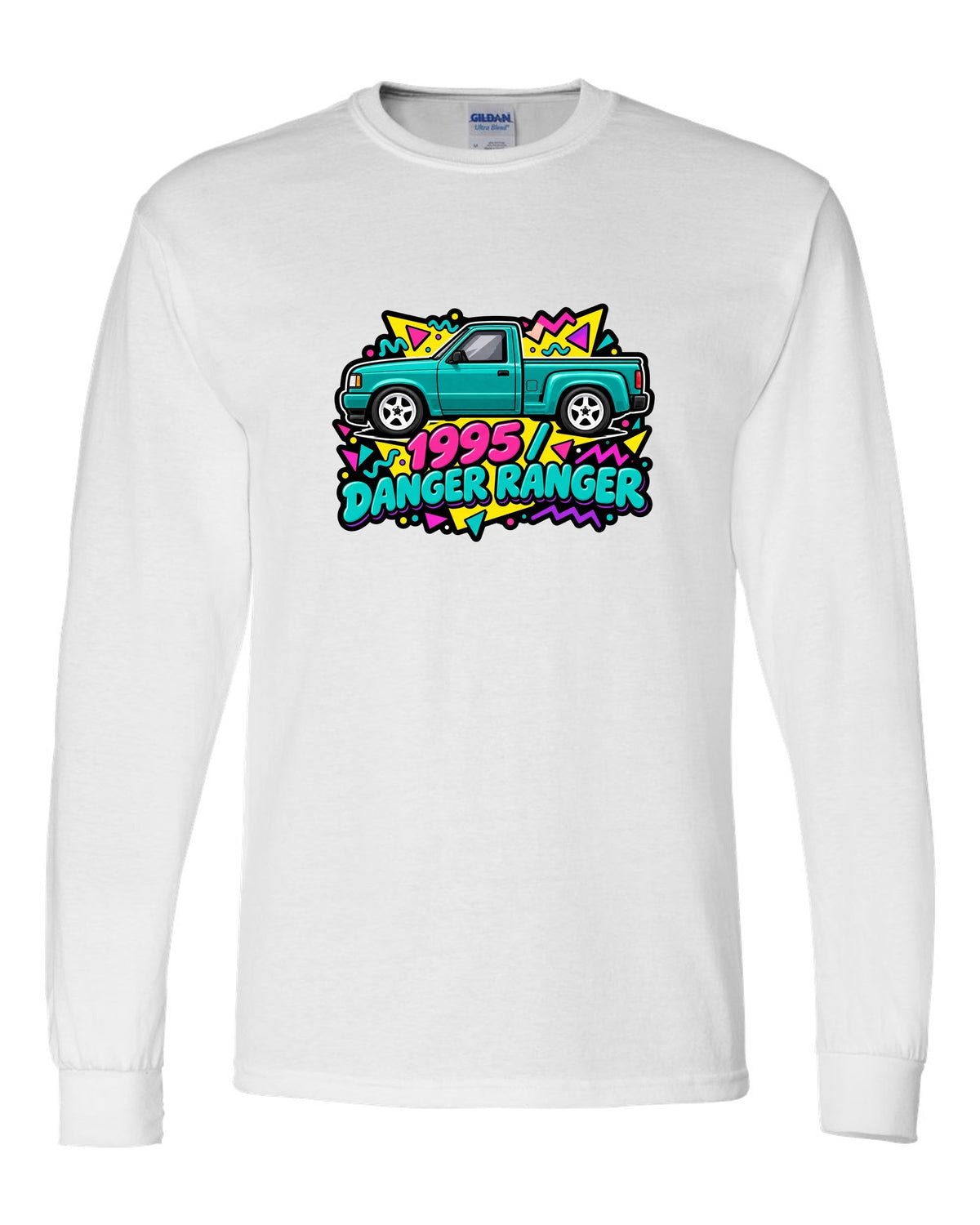 Ford Ranger 1995 stepside in a 90s Memphis sticker pack print white long sleeve front view with the design