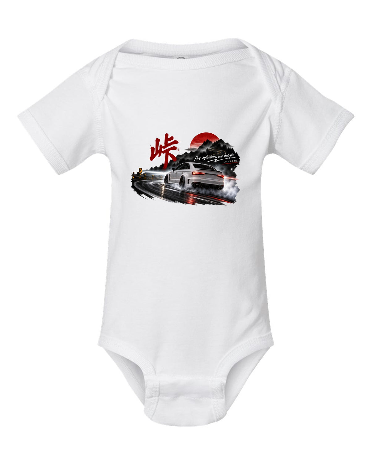 Audi RS3 8V sedan rear three-quarter sliding at night with touge kanji white baby onesie front view with the design