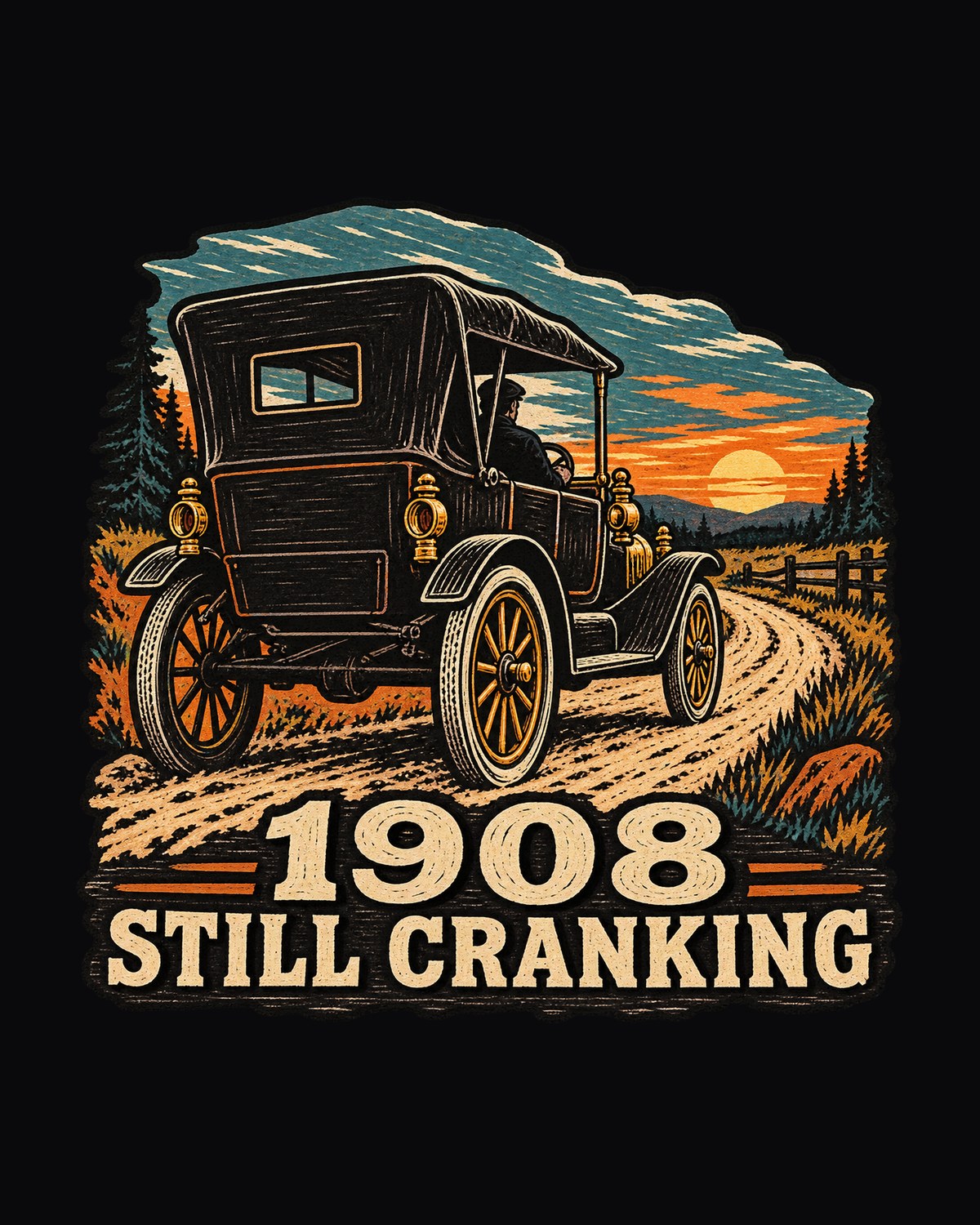 Ford Model T Woodcut Tee, Tin Lizzie Still Cranking, 1908-1927 design only