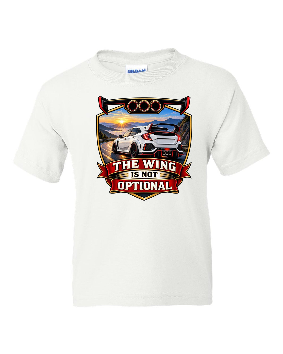 Racing shield print of a Honda Civic Type R FK8 ch with the wing is not optional text white kids tee front view with the design