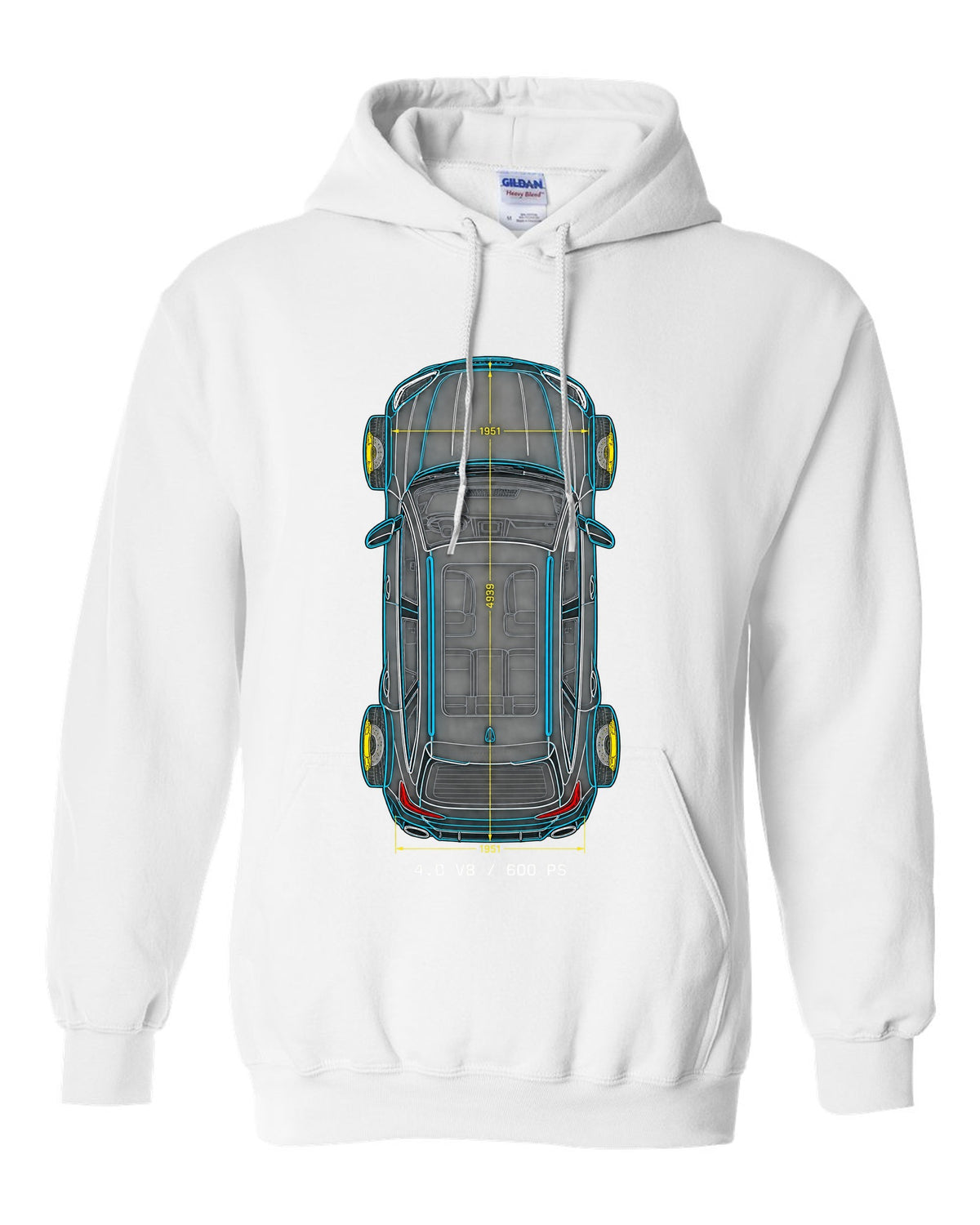 Top-down technical blueprint design of the Audi RS6 Avant C8 with 4.0 V8 and 600 PS lettering white pull over hoodie front view with the design