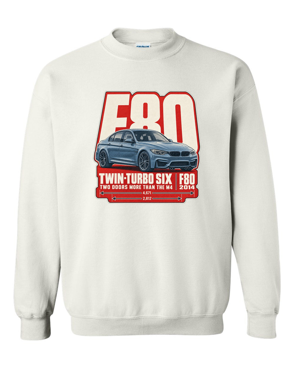 BMW M3 F80 halftone dot statement print white crewneck front view with the design
