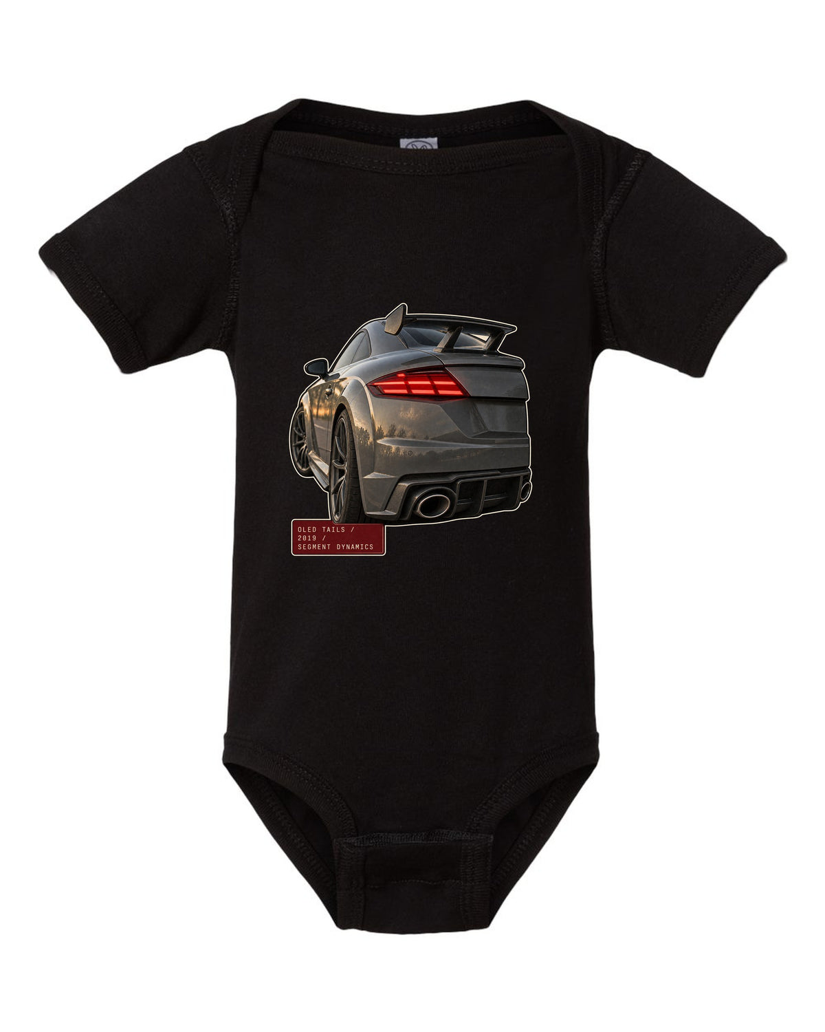 Audi TT RS facelift OLED taillight macro print black baby onesie front view with the design