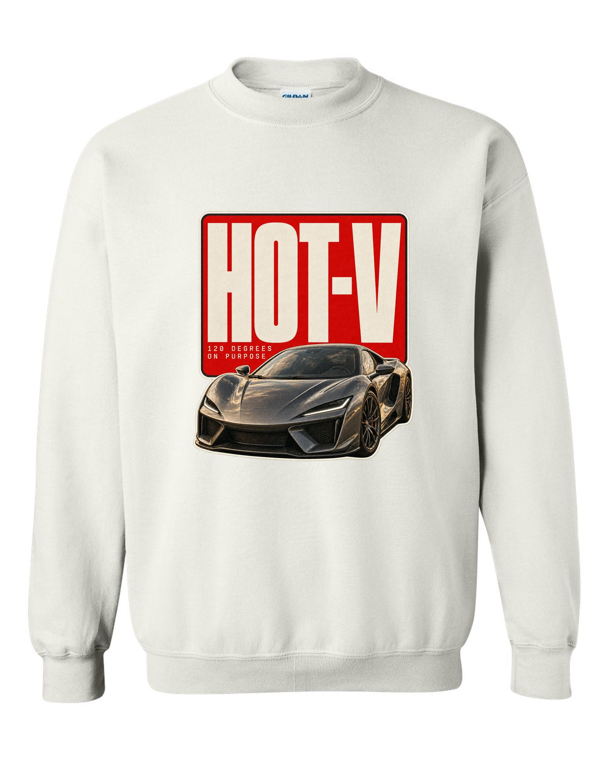 Editorial headline print of a McLaren Artura with hot-V 120 degree text white crewneck front view with the design