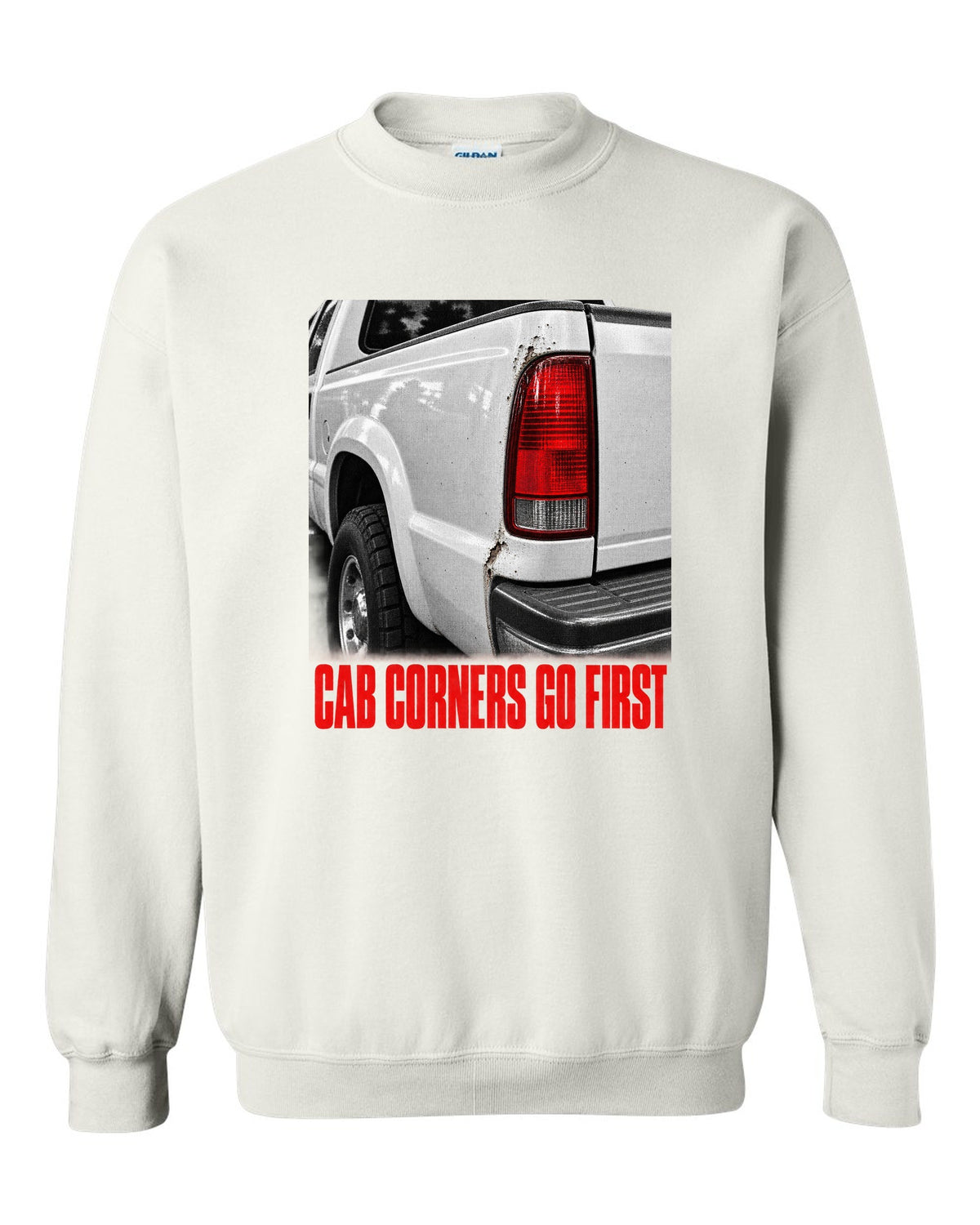 NBS Silverado taillight detail with cab corner rust, print white crewneck front view with the design