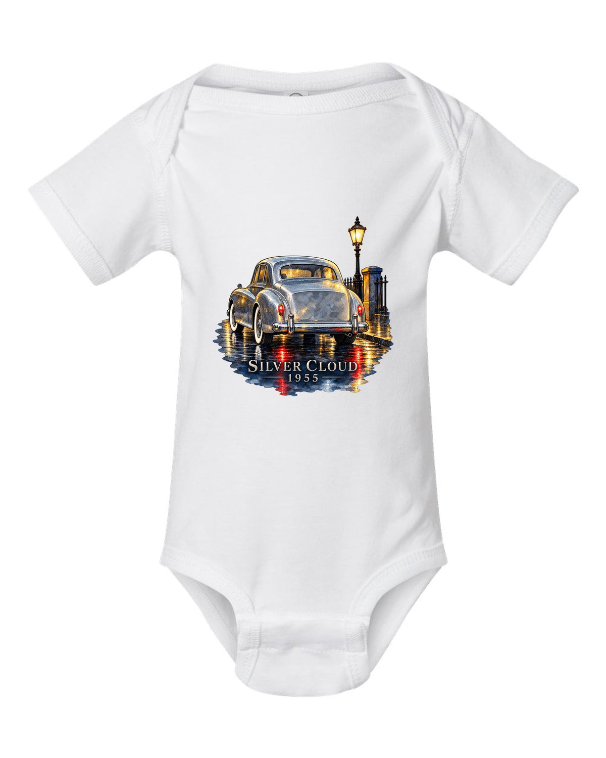 Watercolour painting of a 1955 Rolls-Royce Silver Cloud on a rainy night road with SILVER CLOUD lettering white baby onesie front view with the design