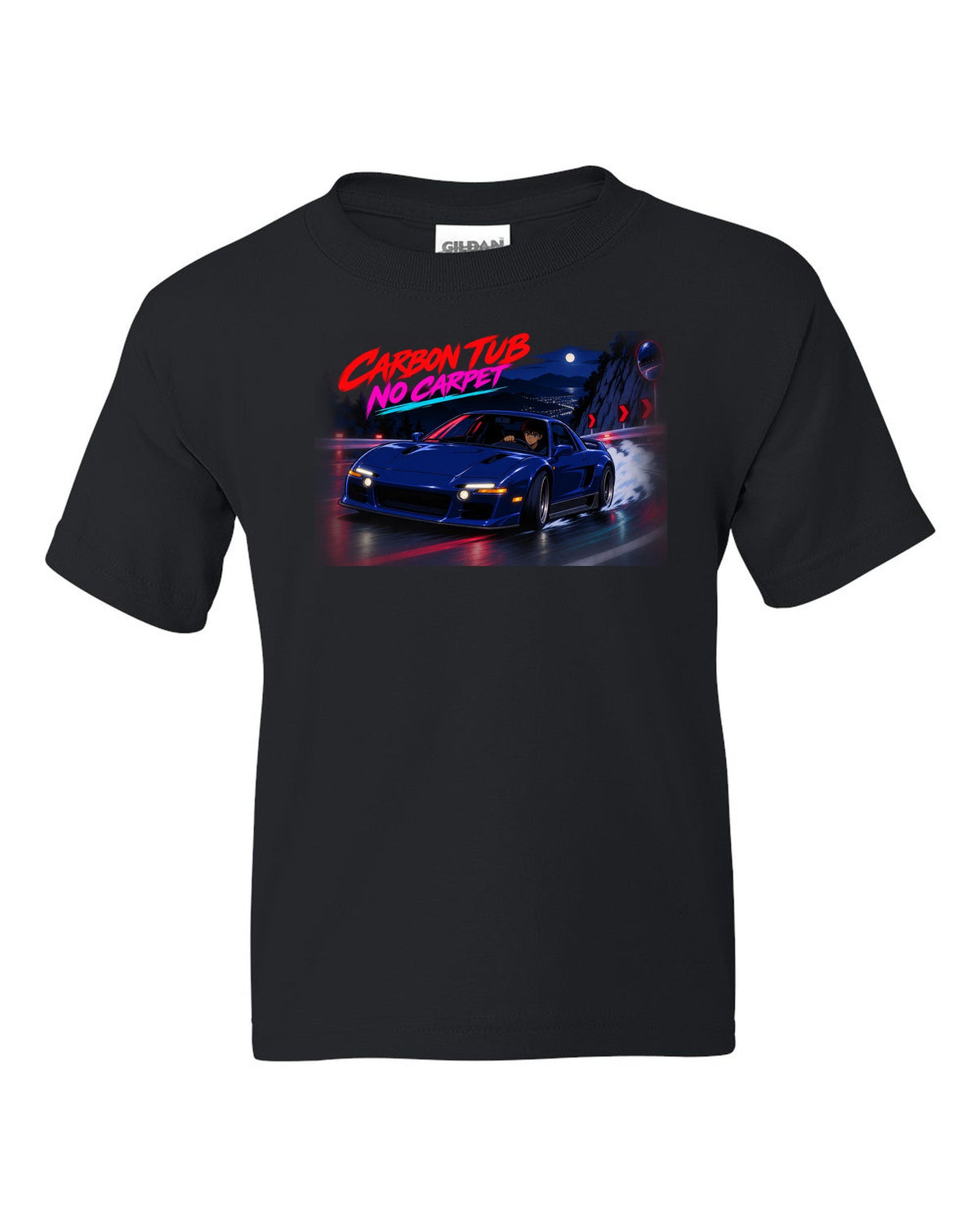 Cel-shaded anime night touge scene with an Alfa Romeo 4C and carbon tub no carpet text black kids tee front view with the design