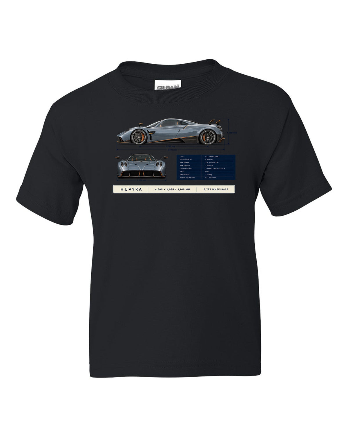 Dimension blueprint print of the Pagani Huayra coupe with 4,605 x 2,036 x 1,169 mm and 2,795 wheelbase black kids tee front view with the design