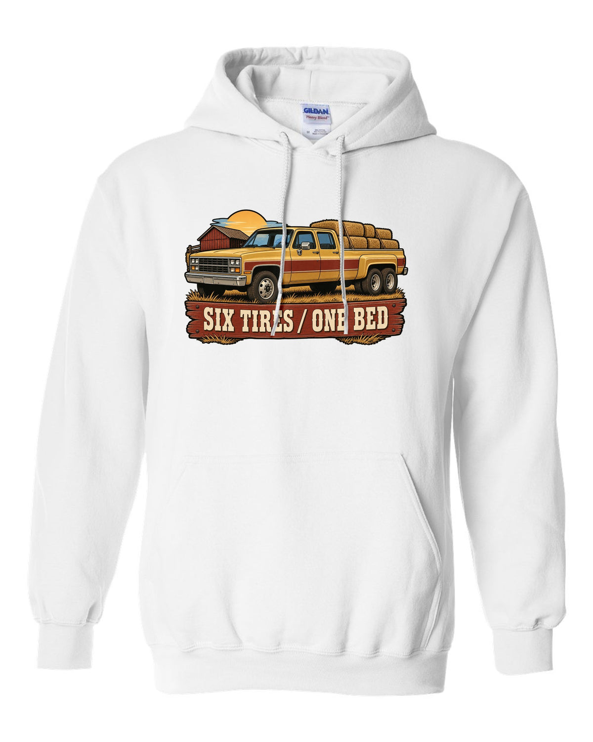 Vintage dealer-ad style print of a 1973-87 Chevrolet C20 Squarebody crew cab with six tires one bed lettering white pull over hoodie front view with the design