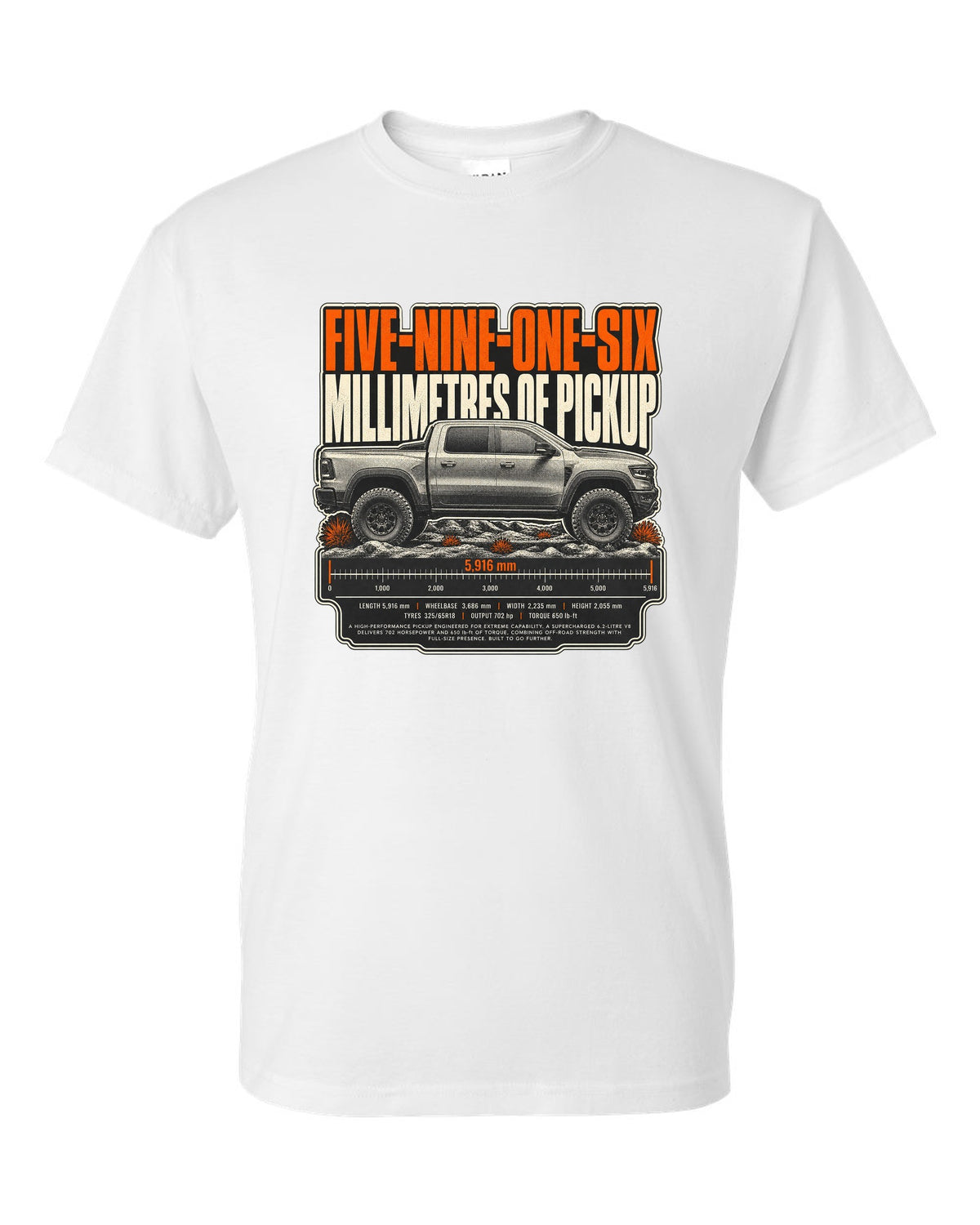 Ram 1500 TRX halftone print with 5916 millimetres text white t-shirt front view with the design