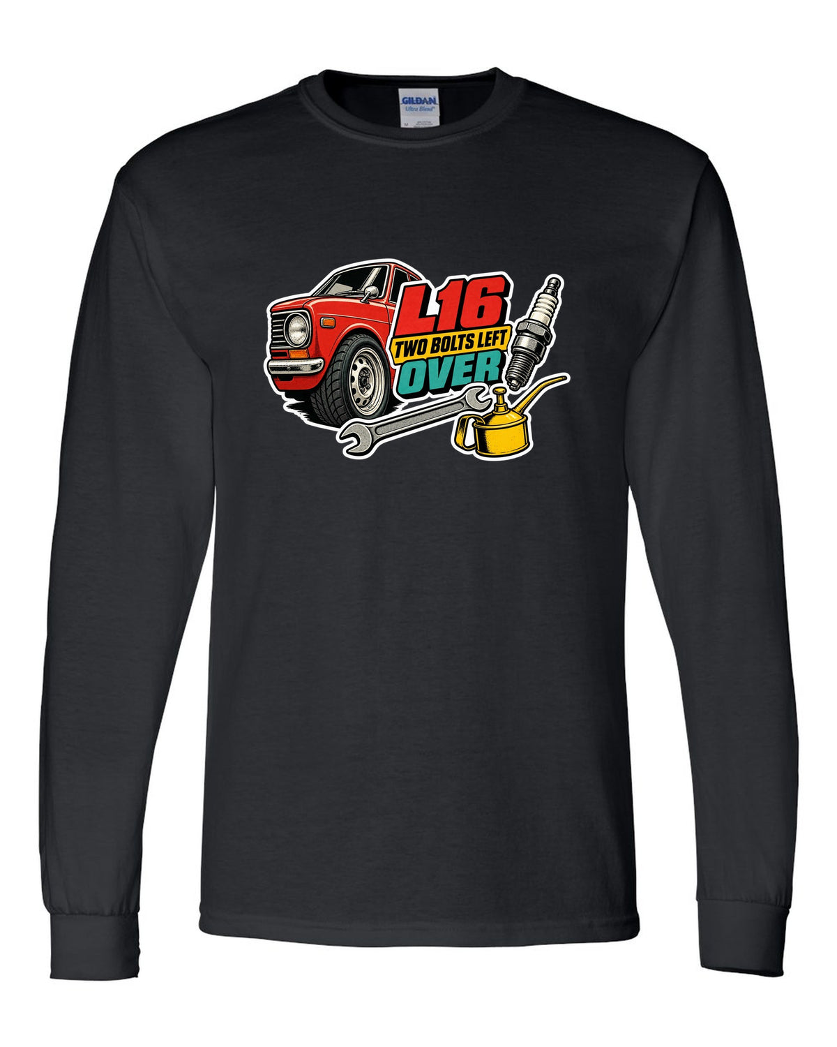 Datsun 510 wheel and fender sticker-bomb collage with L16 text on the front of a shirt black long sleeve front view with the design