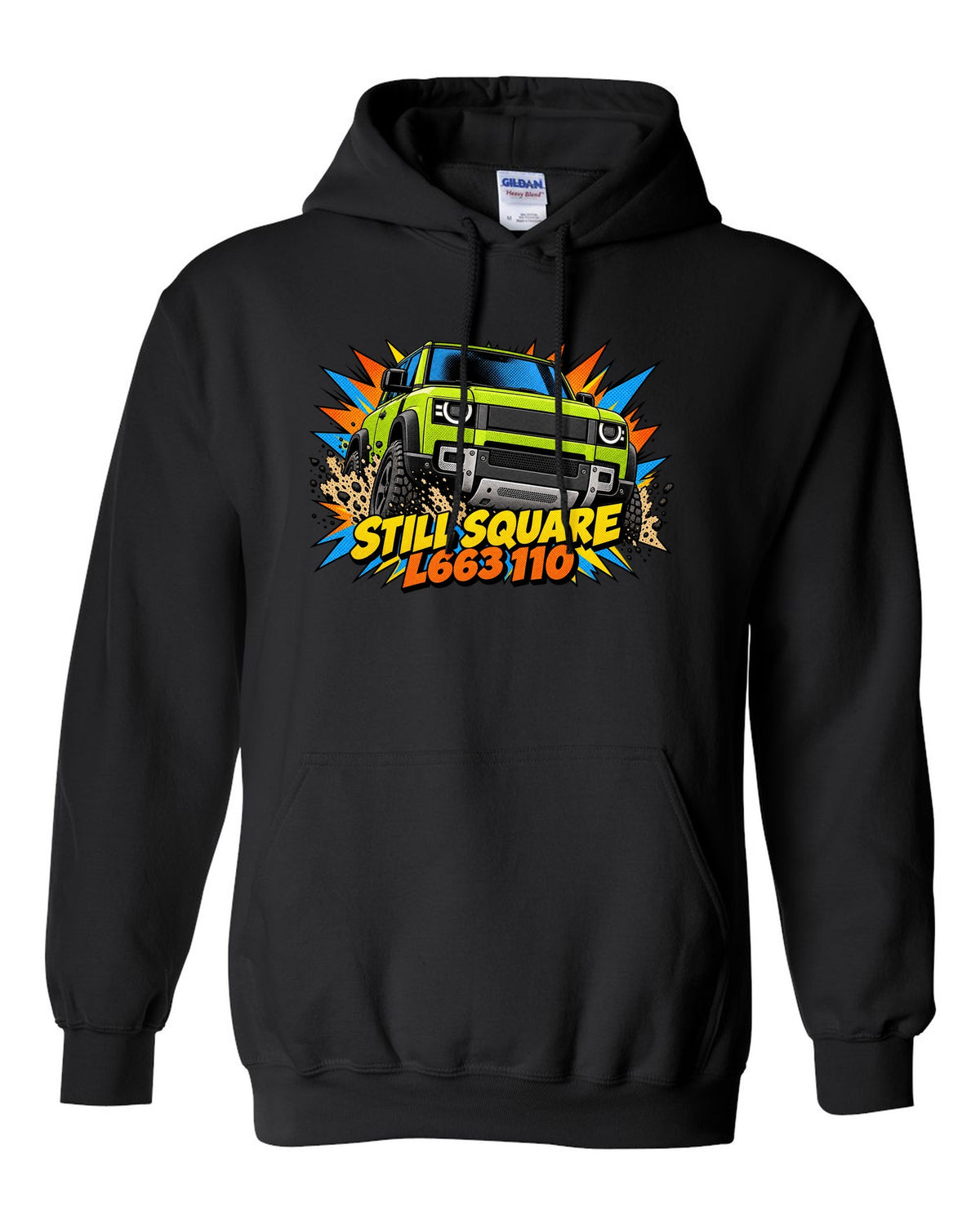 Comic halftone pop-art close-up of a Land Rover Defender L663 headlight with L663 110 lettering black pull over hoodie front view with the design