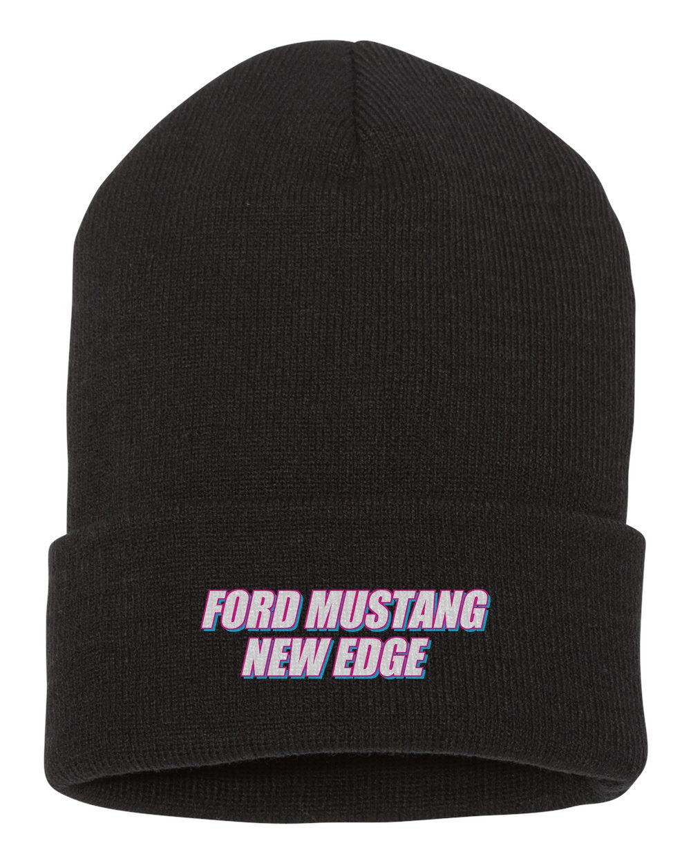 Ford Mustang New Edge black beanie front view with car name