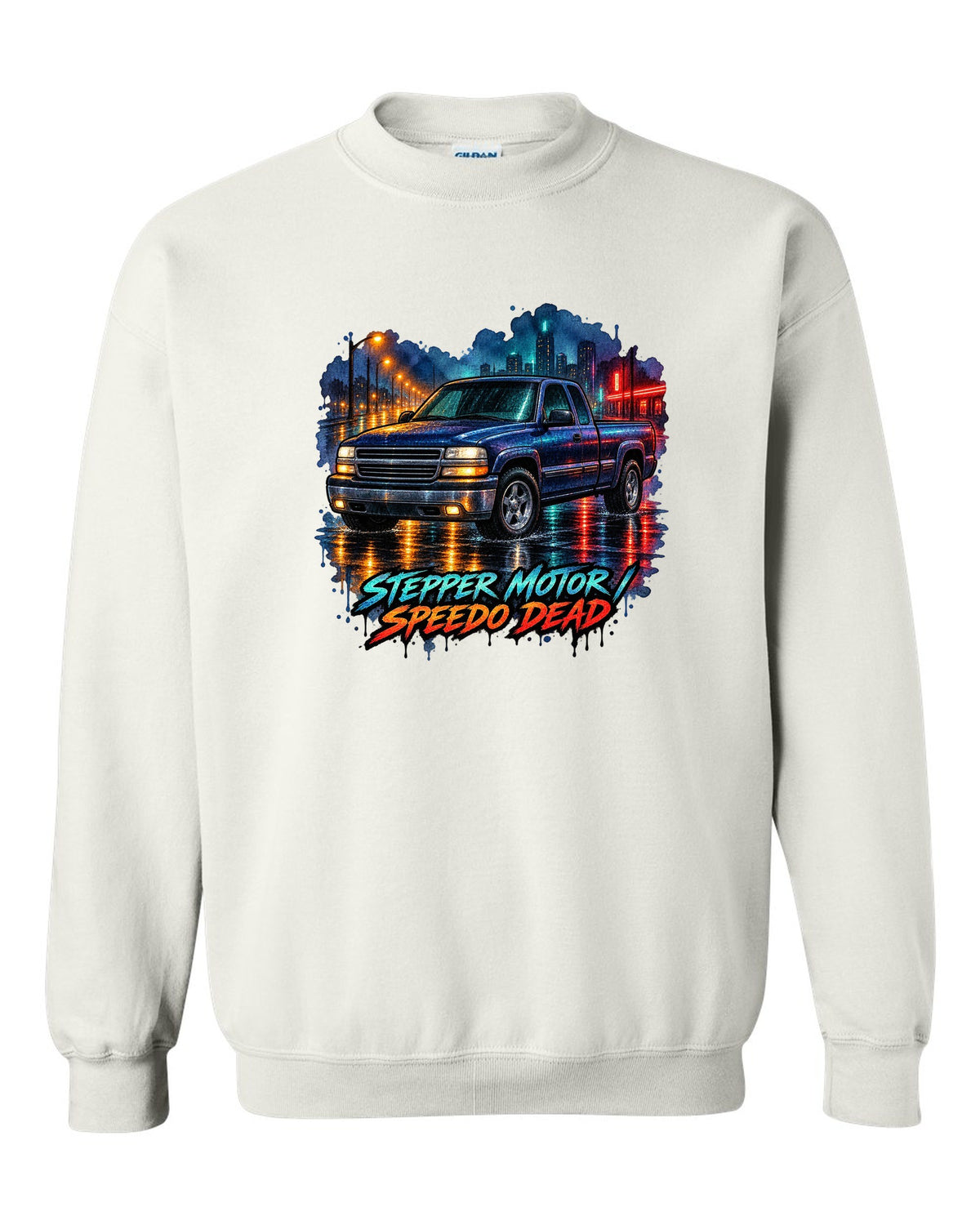 Watercolor wet-road night print of a 1999-2006 Chevrolet GMT800 NBS Silverado with stepper motor speedo dead lettering white crewneck front view with the design