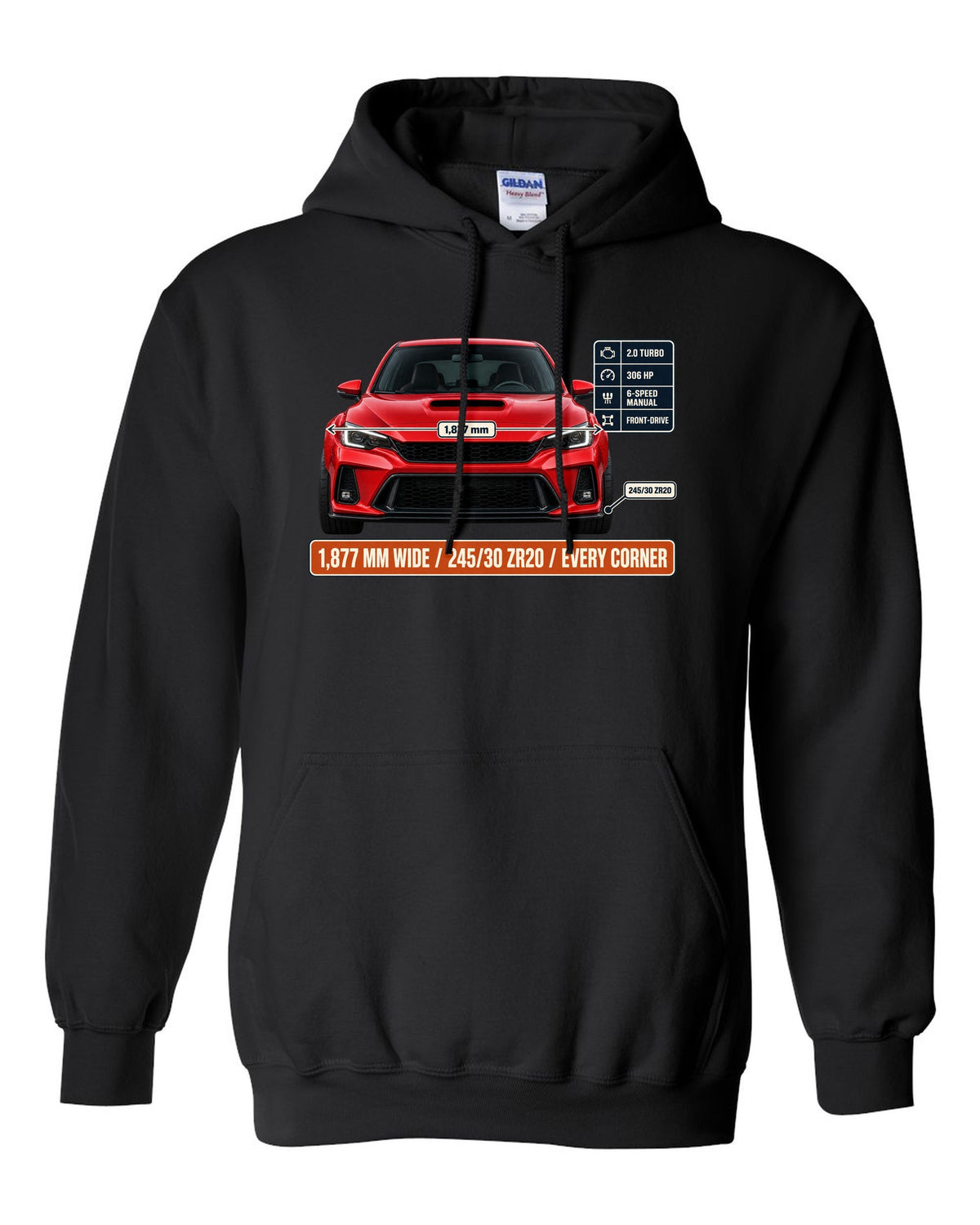 Front elevation of a Rallye Red Honda Civic Type R FK8 on a spec poster print black pull over hoodie front view with the design