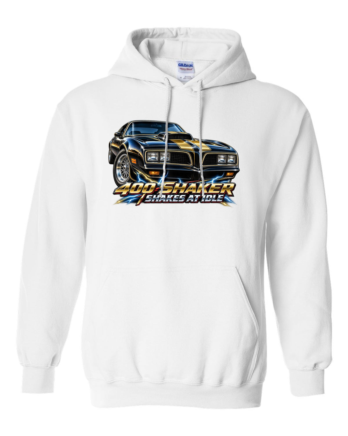 1977 Pontiac Firebird Trans Am shaker hood close-up in airbrush chrome white pull over hoodie front view with the design