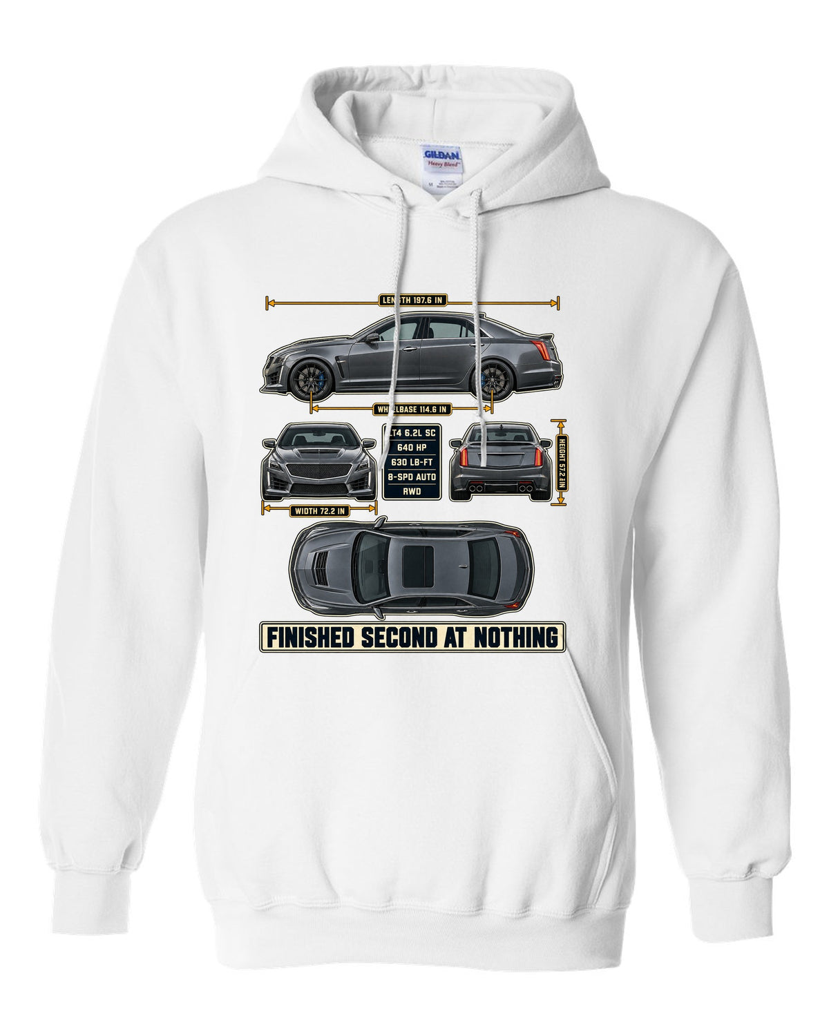 Dimension blueprint print of a 2016-19 Cadillac CTS-V sedan white pull over hoodie front view with the design