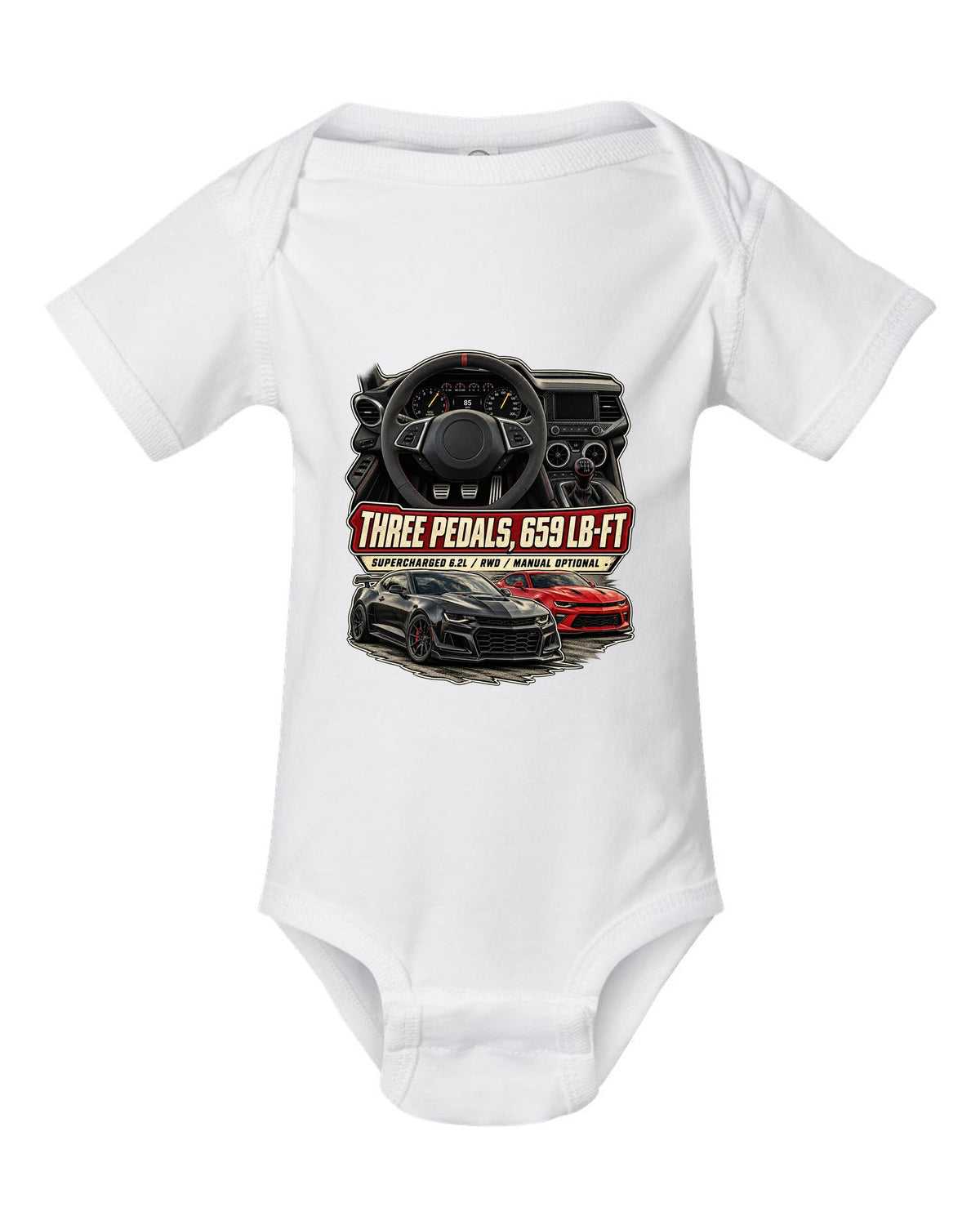 Gauge cockpit print of a 2022-25 Cadillac CT5-V Blackwing interior white baby onesie front view with the design