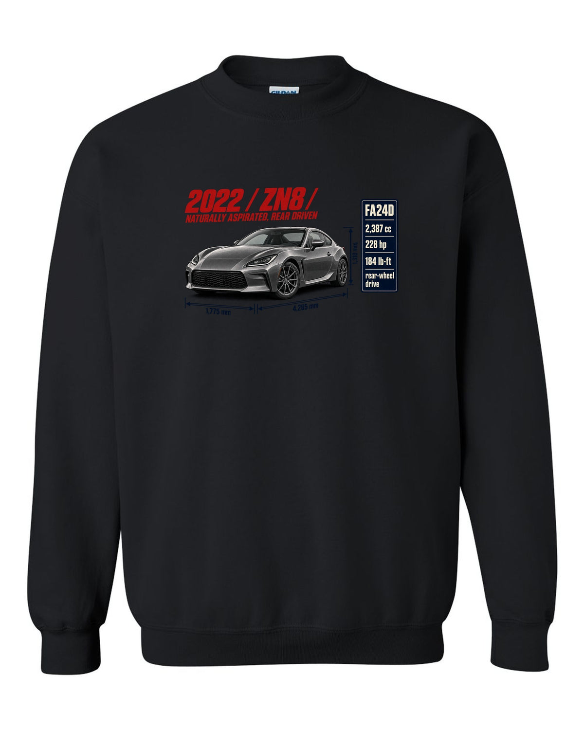 Spec poster layout for a 2022 Toyota GR86 ZN8, poster-style print black crewneck front view with the design