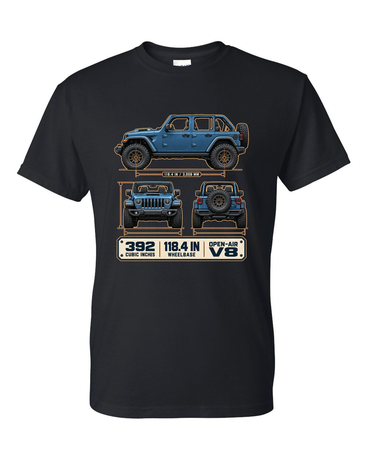 Dimension blueprint print of the Jeep Wrangler Rubicon 392 JL showing wheelbase and V8 black t-shirt front view with the design