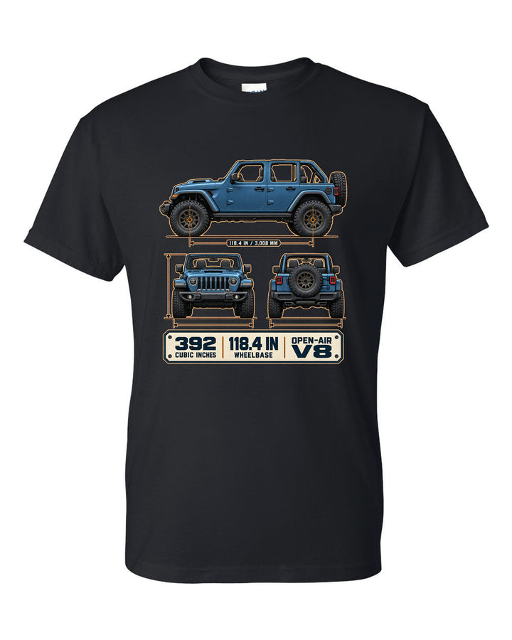 Dimension blueprint print of the Jeep Wrangler Rubicon 392 JL showing wheelbase and V8 black t-shirt front view with the design