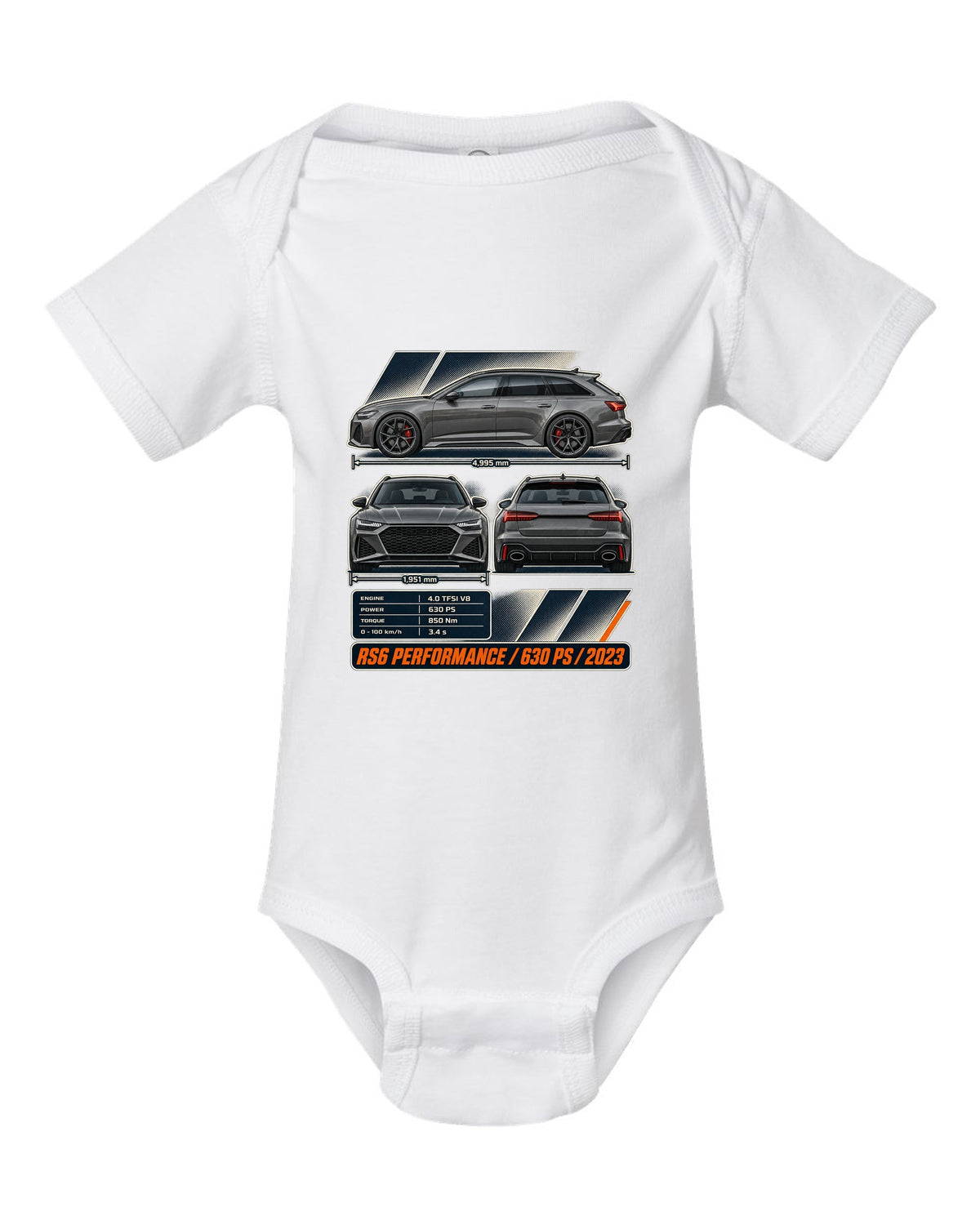 Audi RS6 Avant Performance three-view drawing with spec table white baby onesie front view with the design