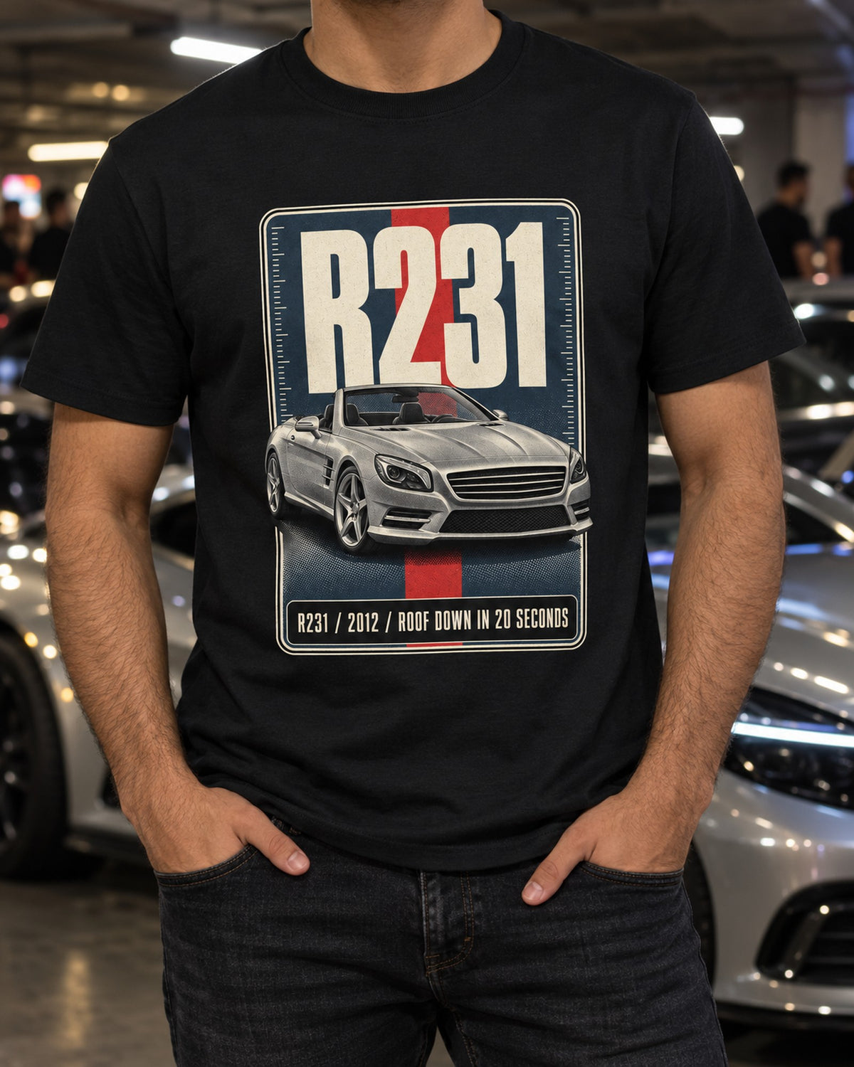 Mercedes-Benz SL R231 Halftone Statement Tee, Roof Down T-Shirt Black worn hero