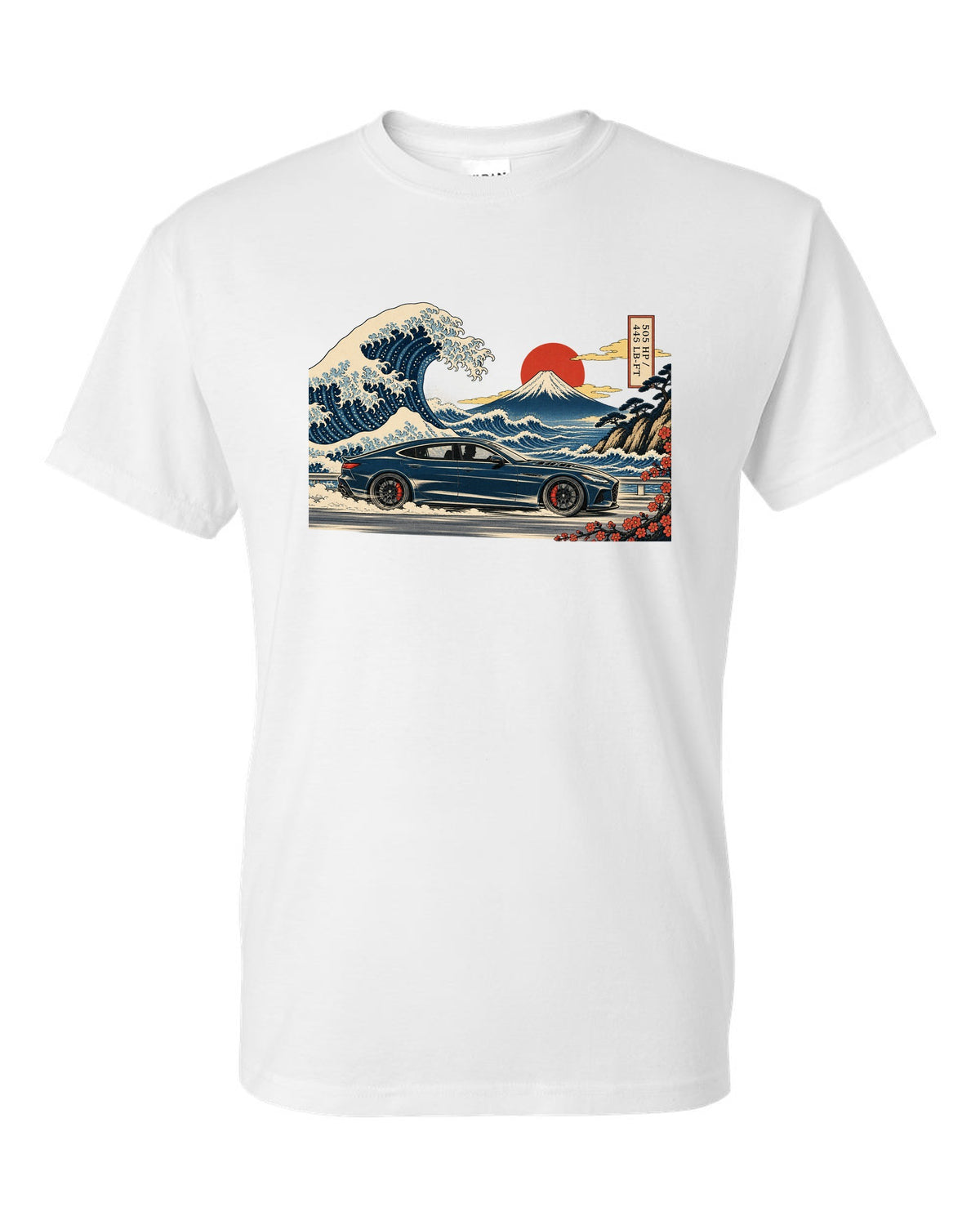 Ukiyo-e woodblock wave illustration of an Alfa Romeo Giulia Quadrifoglio with 505 HP and 443 lb-ft white t-shirt front view with the design