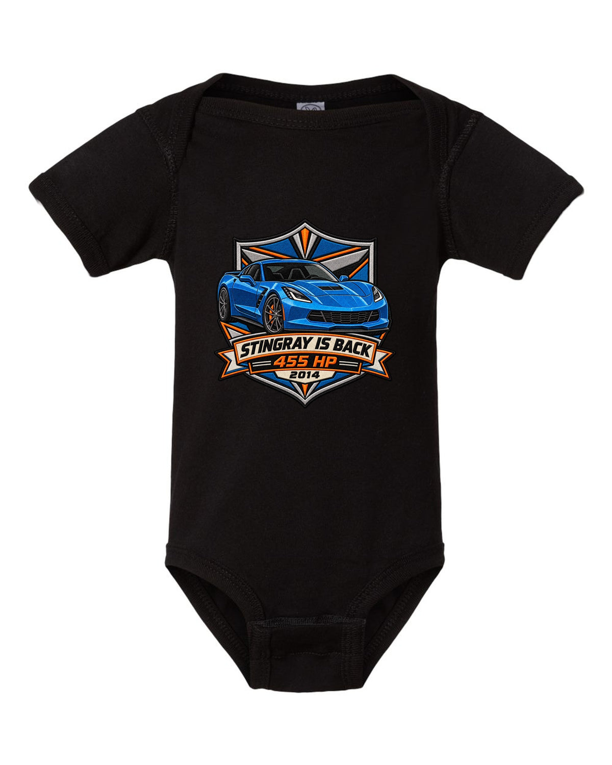 Varsity crest style print of a 2014 Chevrolet Corvette C7 Stingray with 455 HP and gill vent detail black baby onesie front view with the design