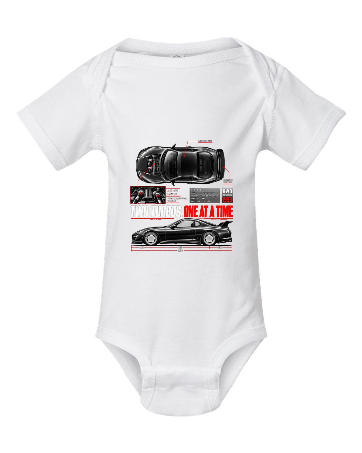 Spec poster print of a Toyota Supra A80 JZA80 with 2JZ-GTE lettering white baby onesie front view with the design