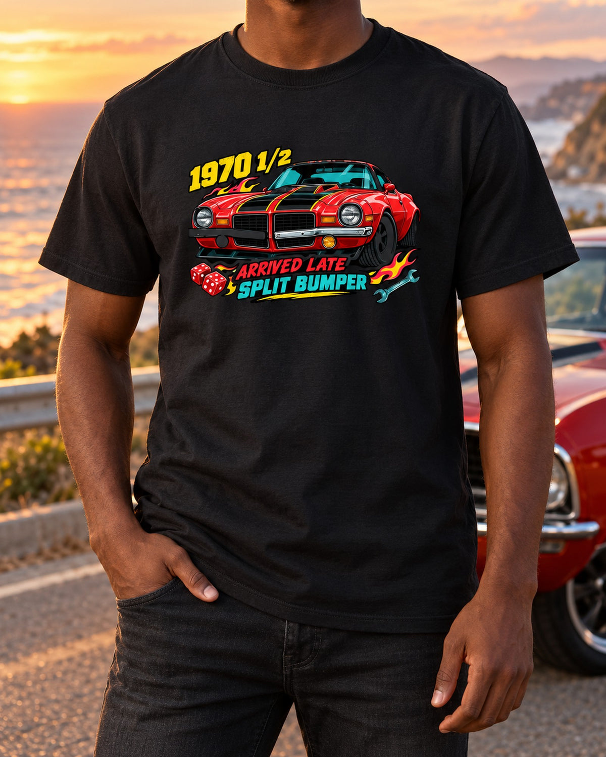 1970 Camaro Z28 Split Bumper Sticker Bomb Shirt, 1970 1/2 T-Shirt Black worn hero