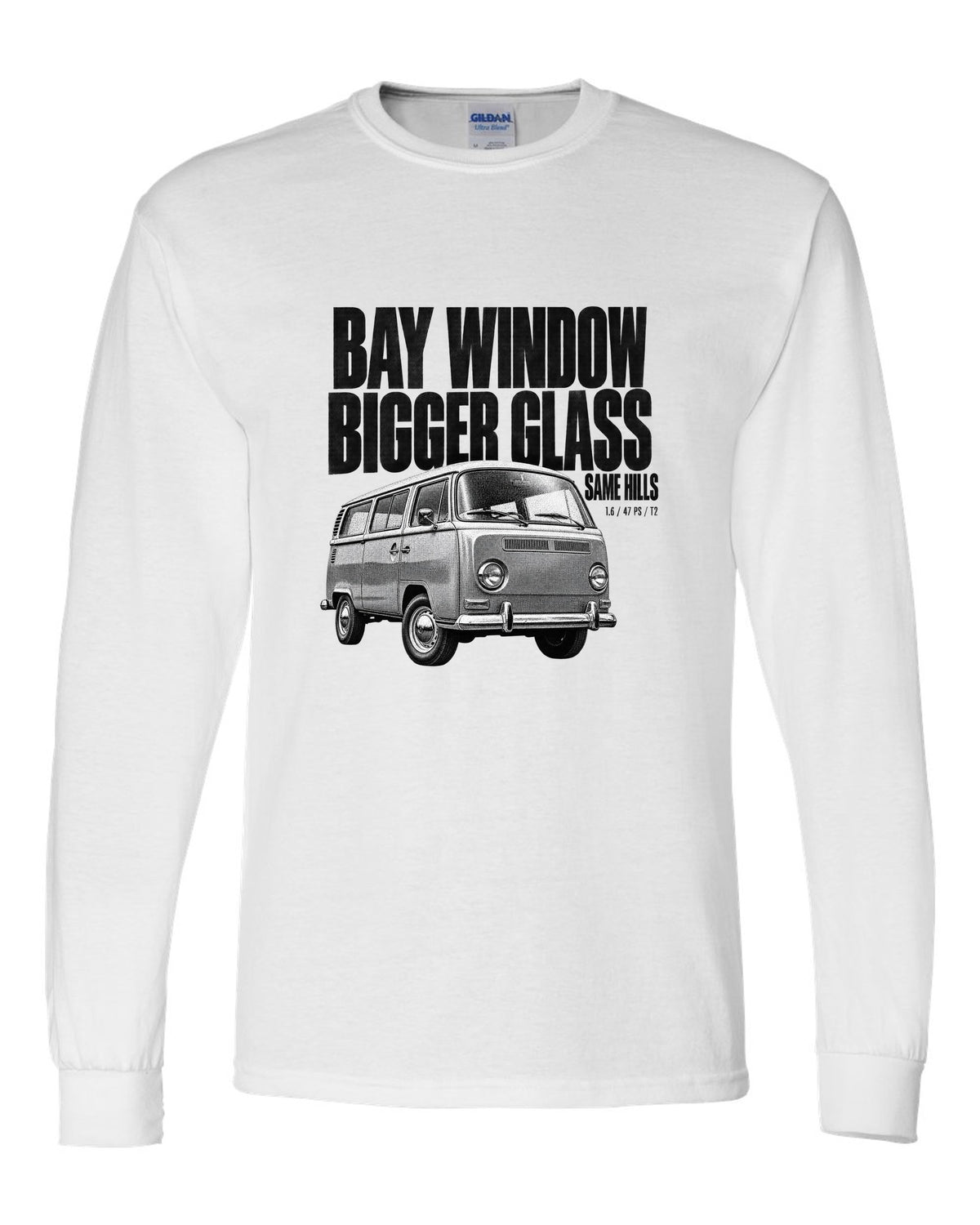 Halftone print of a VW T2 Bay Window bus front three-quarter with bigger glass same hills text white long sleeve front view with the design