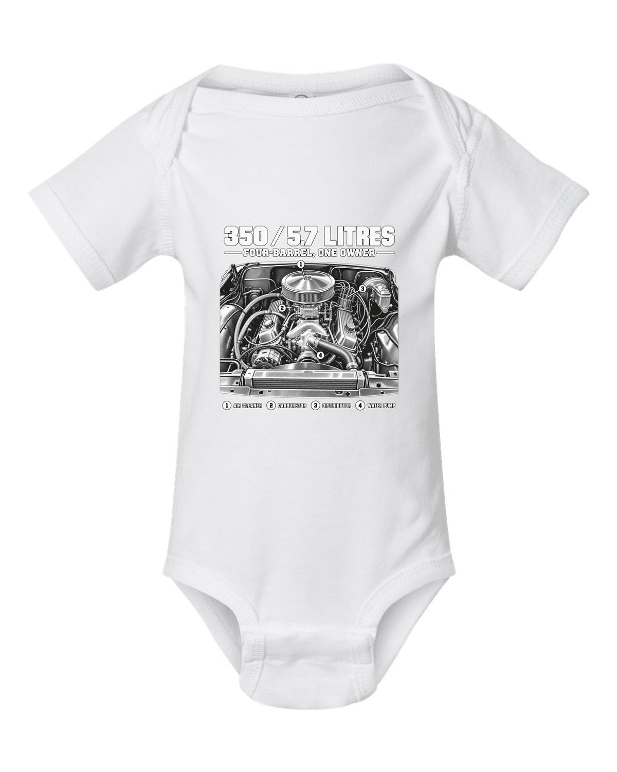 Squarebody C10 350 small block engine diagram with callouts, print white baby onesie front view with the design