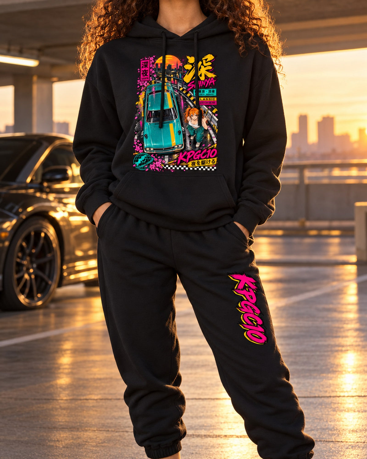 KPGC10 Shinya Anime Girl Poster Hoodie + Jogger Set Black worn hero