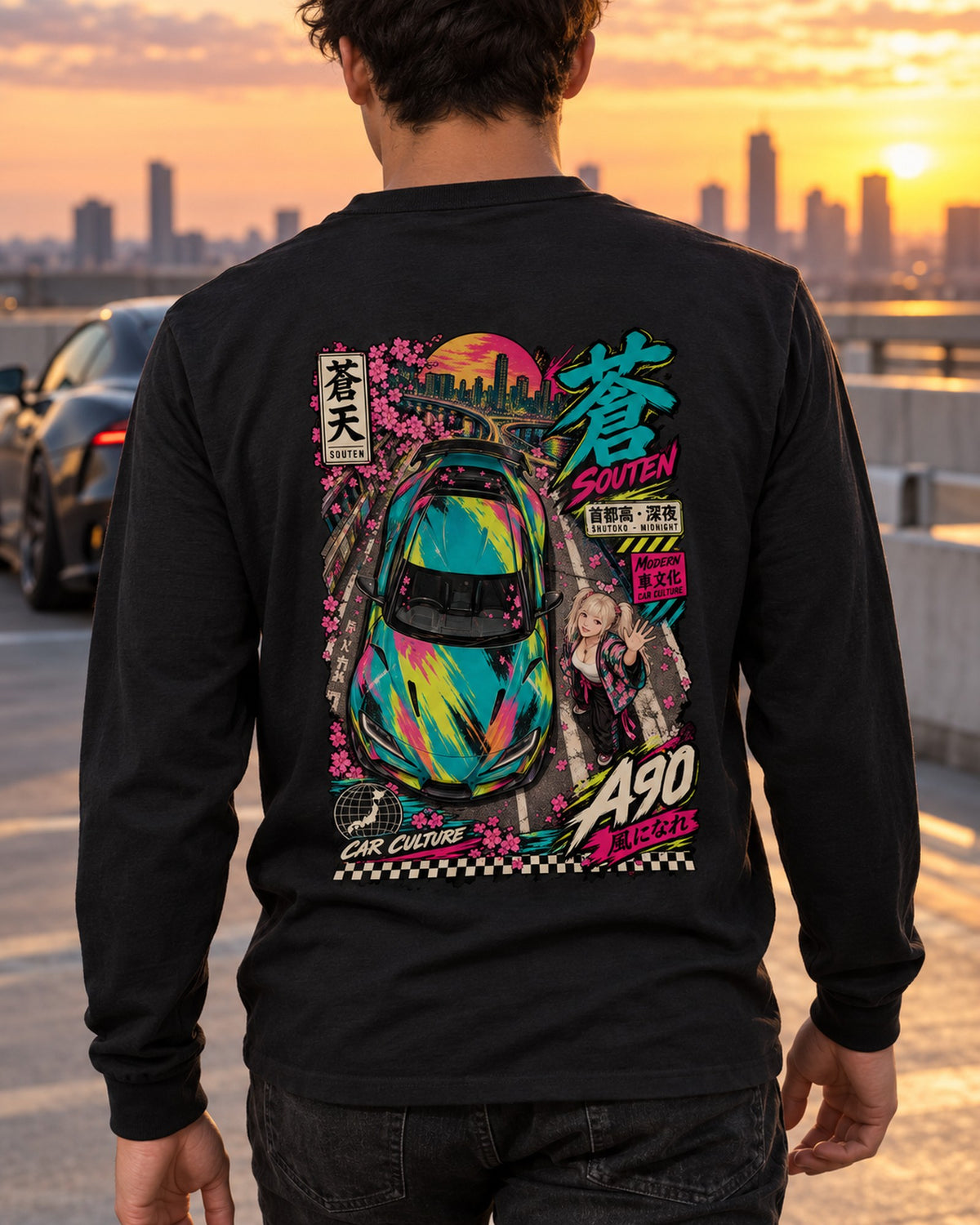 SOUTEN A90 Anime Girl Full-Back Graphic Tee Long Sleeve Black worn hero