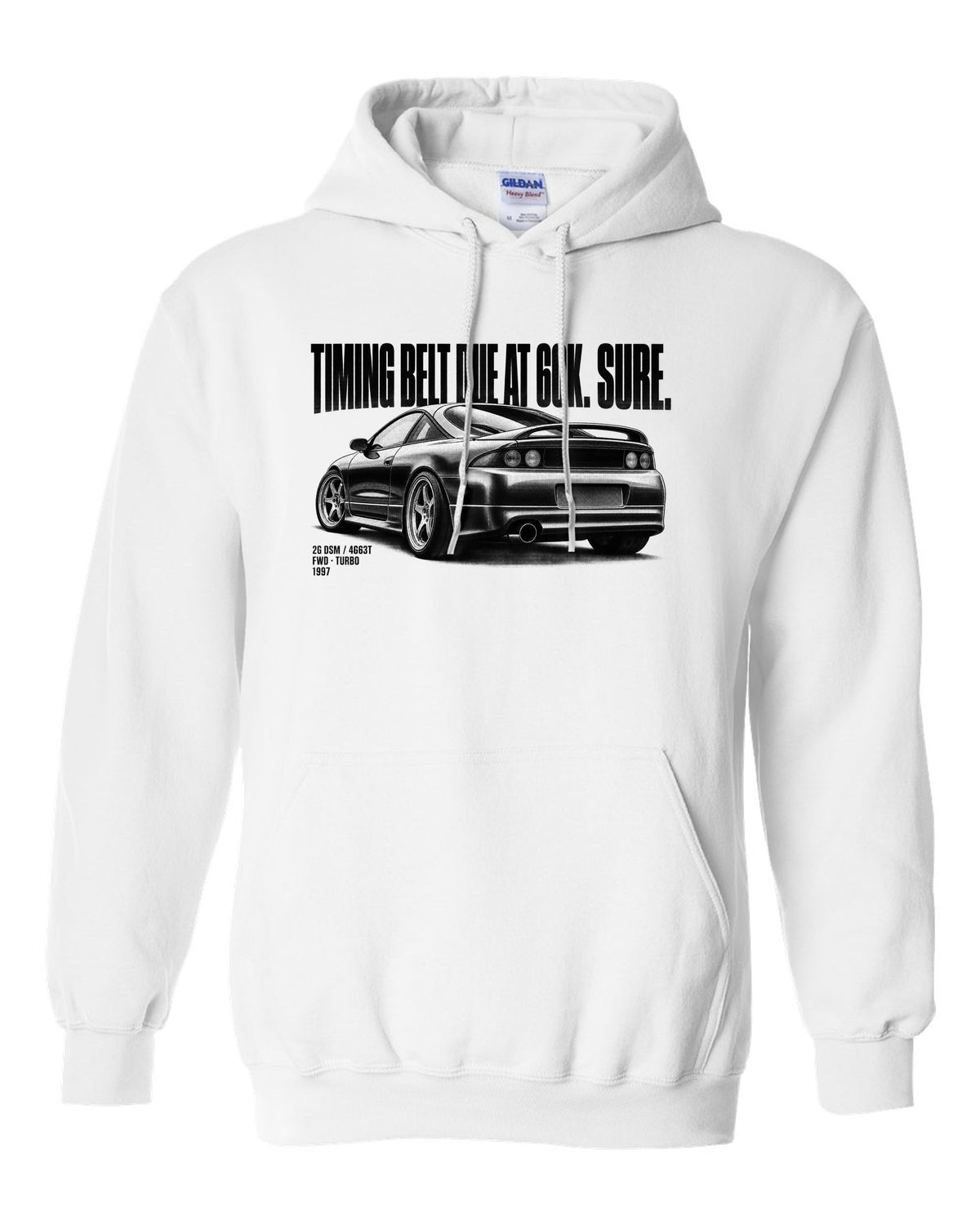 Mitsubishi Eclipse GS-T 2G DSM halftone print with timing belt joke and 4G63T text white pull over hoodie front view with the design