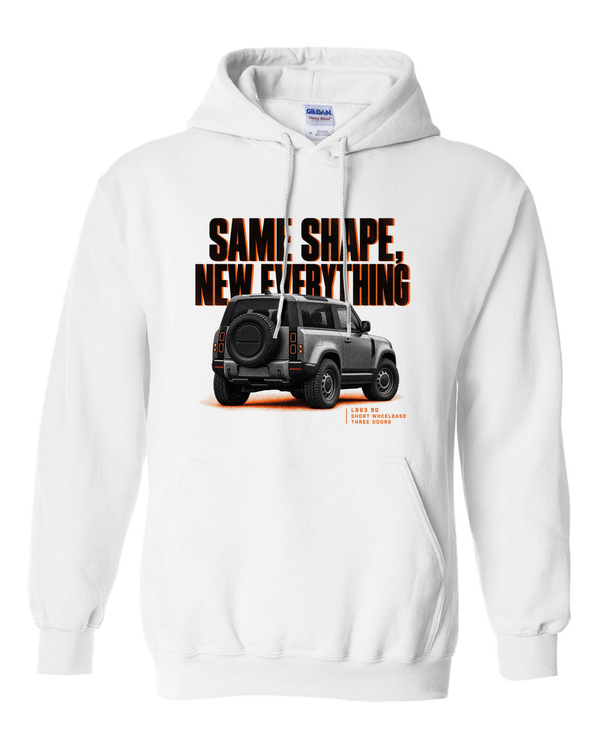 Land Rover Defender L663 90 halftone print with same shape new everything text white pull over hoodie front view with the design