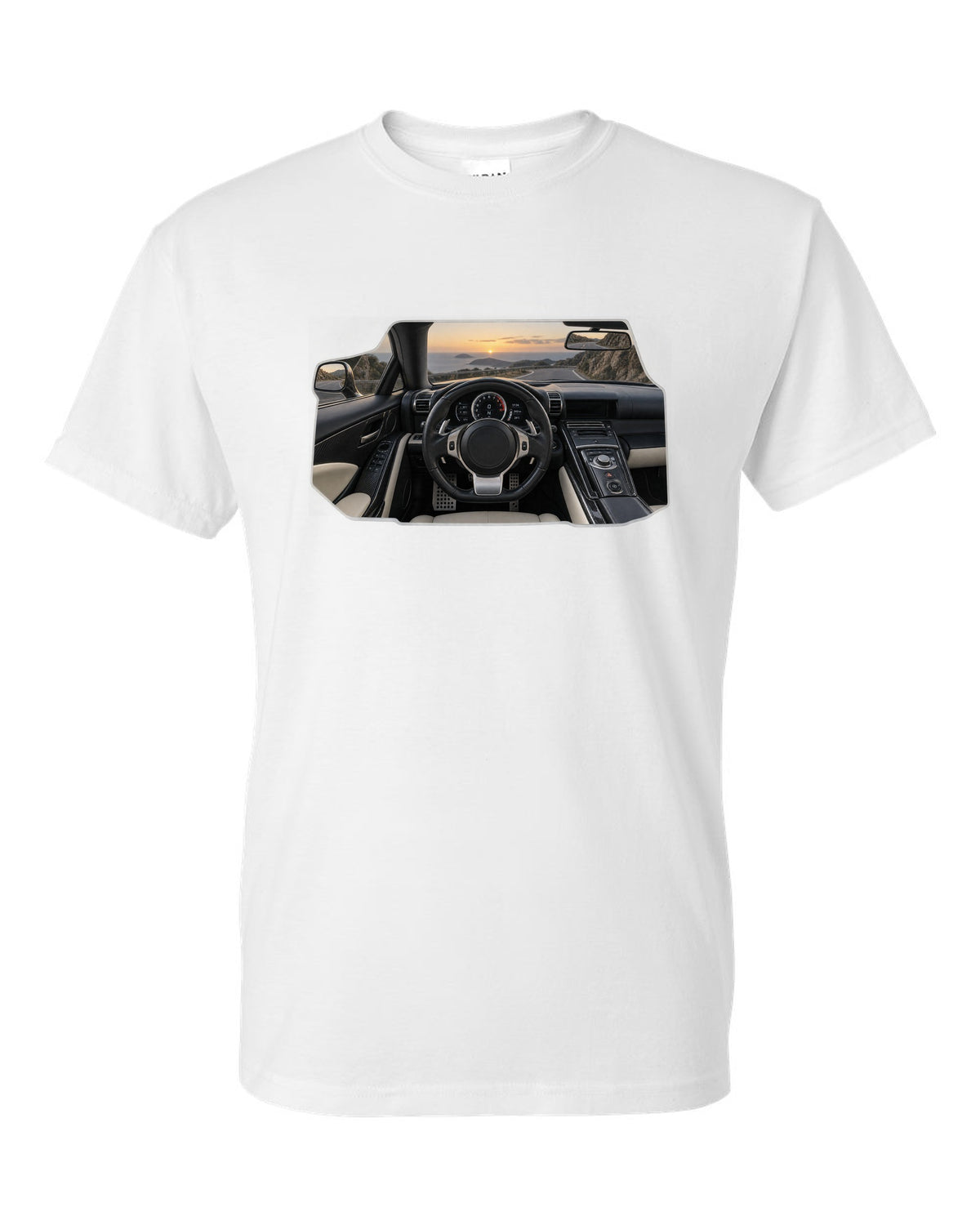 Three-view drawing and spec table of the Lexus LFA Nurburgring Package white t-shirt front view with the design