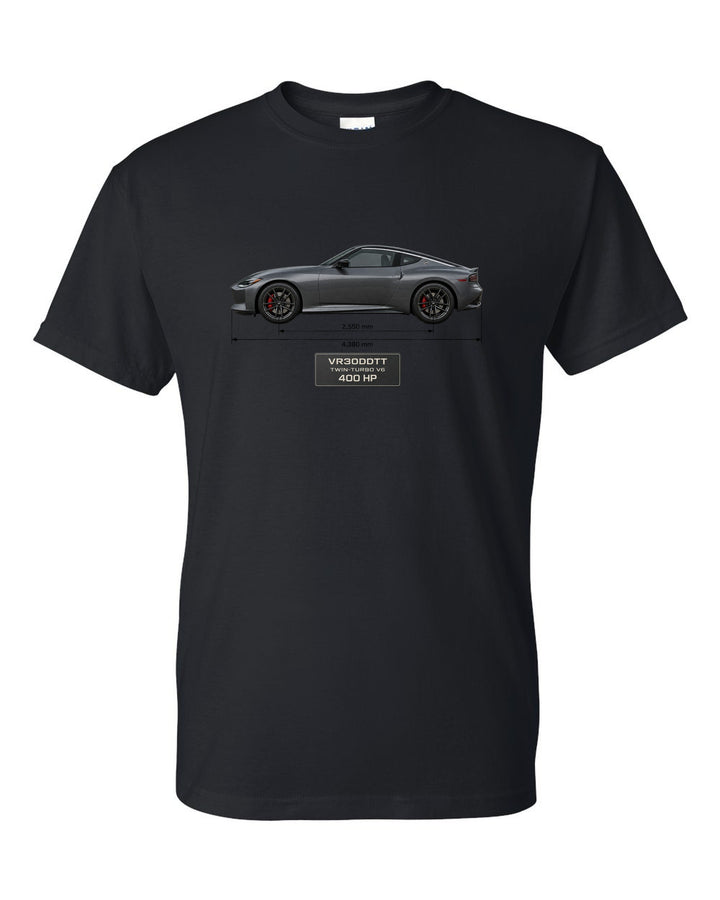 2024 Nissan Z NISMO dossier panels showing 420 hp and 384 lb-ft black t-shirt front view with the design