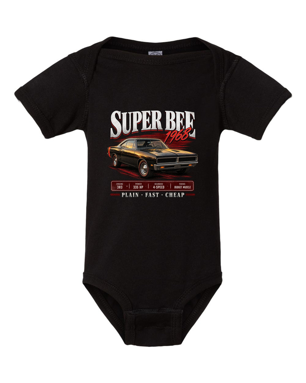 1968 Dodge Coronet Super Bee B-body coupe archive panel print black baby onesie front view with the design