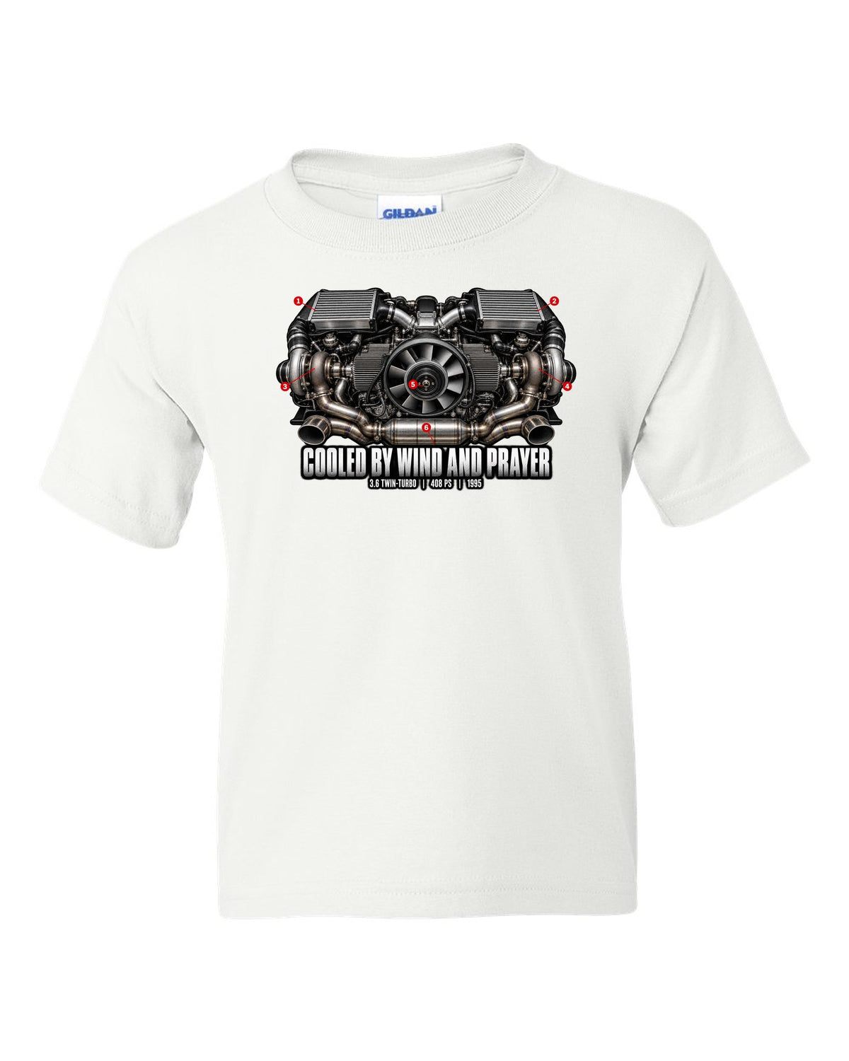 Engine hero print of the Porsche 911 Turbo (993) air-cooled twin-turbo flat-six with the line Cooled By Wind And Prayer white kids tee front view with the design