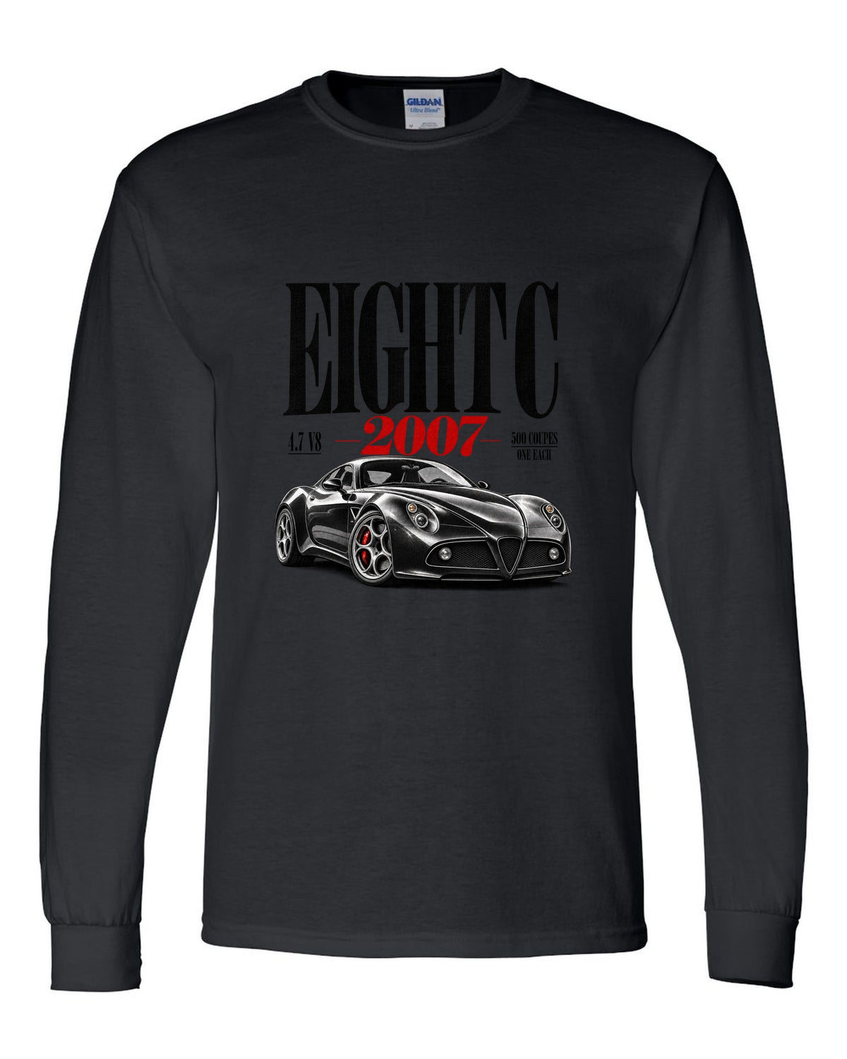 Editorial headline print for the Alfa Romeo 8C Competizione with 4.7 V8 text black long sleeve front view with the design