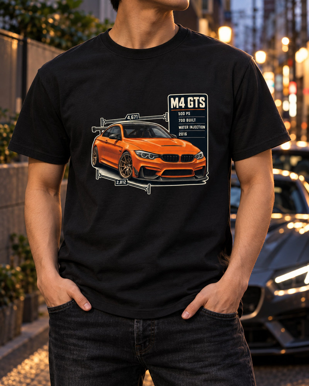BMW M4 GTS F82 Spec Poster Shirt, 700 Built T-Shirt Black worn hero