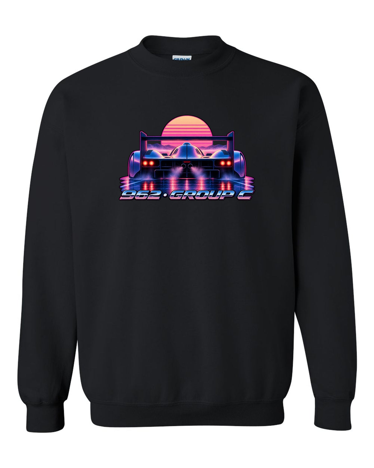 Synthwave gradient print of a Porsche 962 Group C long tail in dawn mist black crewneck front view with the design