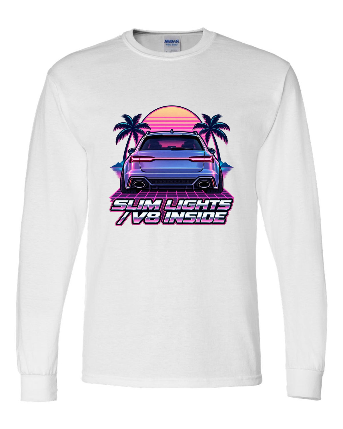 Pastel vaporwave design of the Audi RS6 Avant C7 4G with slim lights V8 inside lettering white long sleeve front view with the design