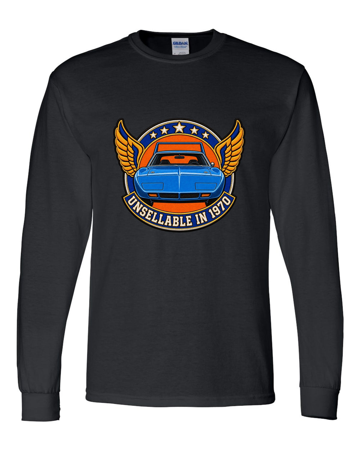 Embroidery-style varsity crest for the 1970 Plymouth Superbird with unsellable in 1970 text black long sleeve front view with the design